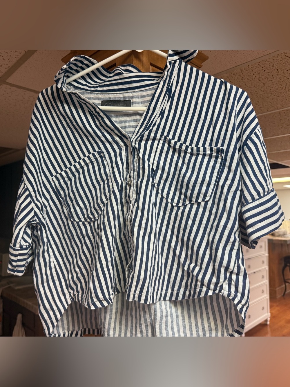 Zara Navy & White Striped Button-Front Kids Shirt